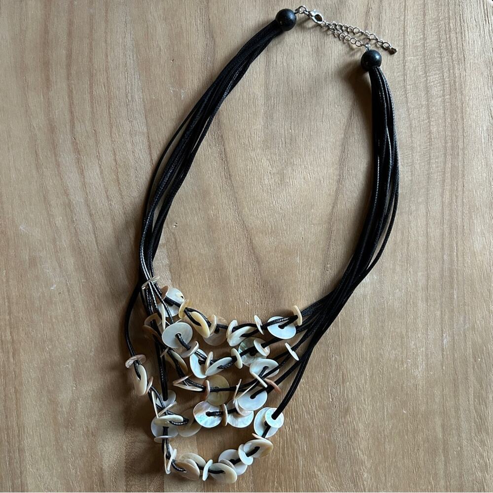 Multi-Strand Iridescent Circle Shells Leather Cord Adjustable Statement Necklace